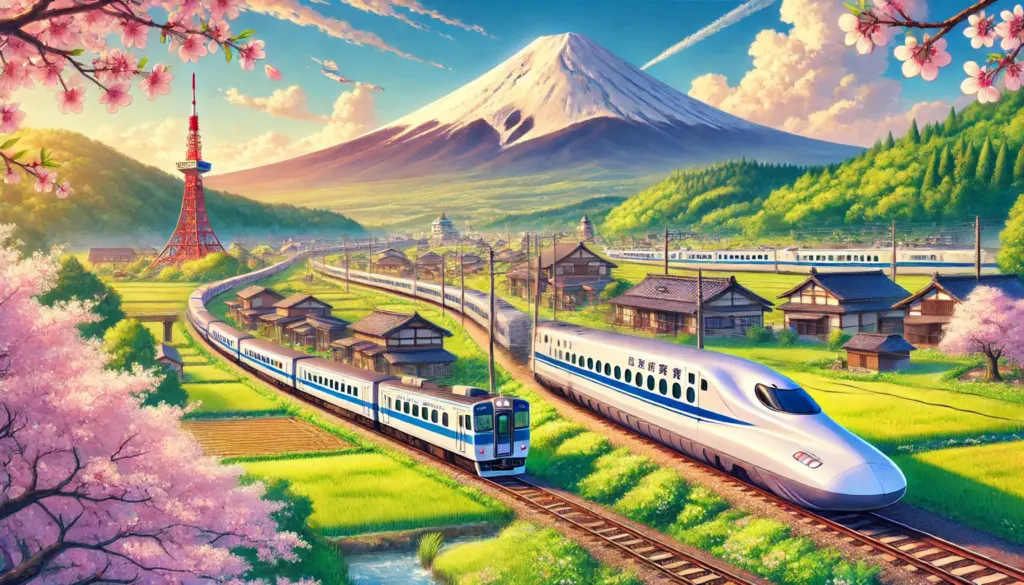 Ilustración de estilo anime que resume el sistema ferroviario japonés. La escena combina un tren bala (Shinkansen), un tren local y un tren turístico en un mismo paisaje. Al fondo se aprecian el Monte Fuji, cerezos en flor y un pueblo rural, simbolizando la integración de tecnología, tradición y belleza natural en el transporte japonés.