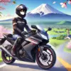 Ilustración de estilo anime que muestra a un motociclista principiante conduciendo una moto de 125cc en una carretera panorámica de Japón. El fondo incluye el Monte Fuji, cerezos en flor y colinas verdes bajo un cielo despejado, transmitiendo una sensación de libertad y aventura.