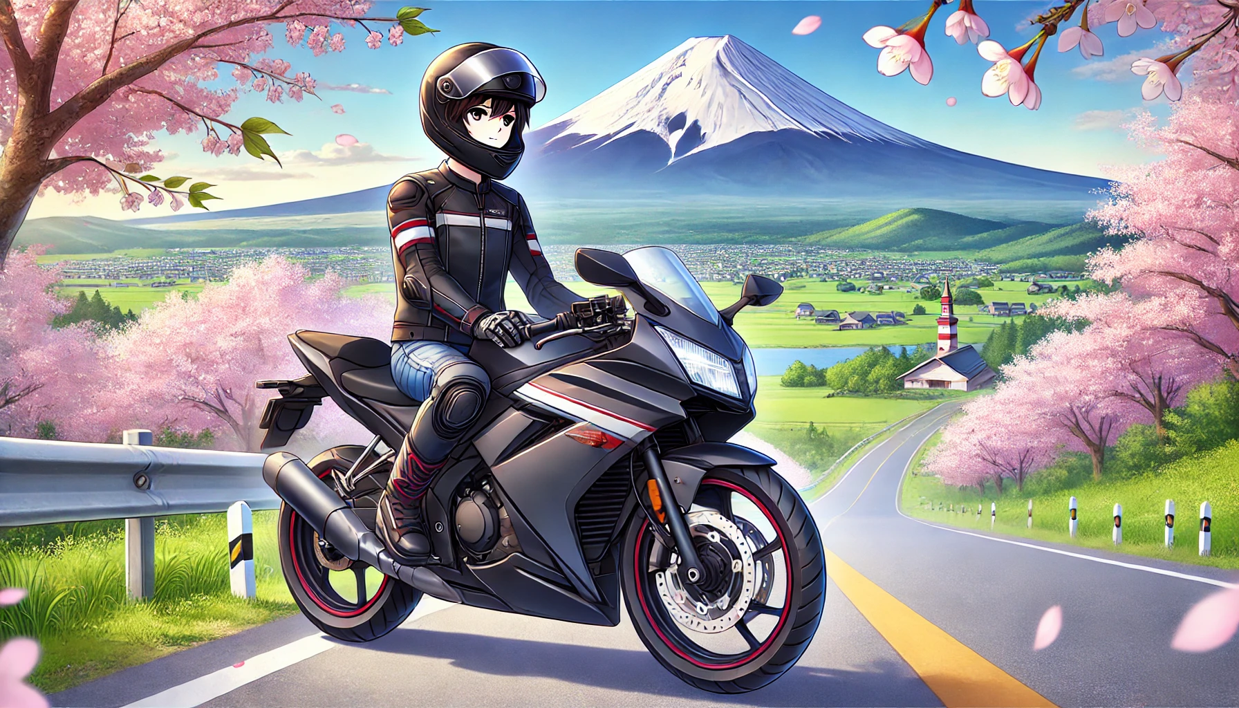 Ilustración de estilo anime que muestra a un motociclista principiante conduciendo una moto de 125cc en una carretera panorámica de Japón. El fondo incluye el Monte Fuji, cerezos en flor y colinas verdes bajo un cielo despejado, transmitiendo una sensación de libertad y aventura.