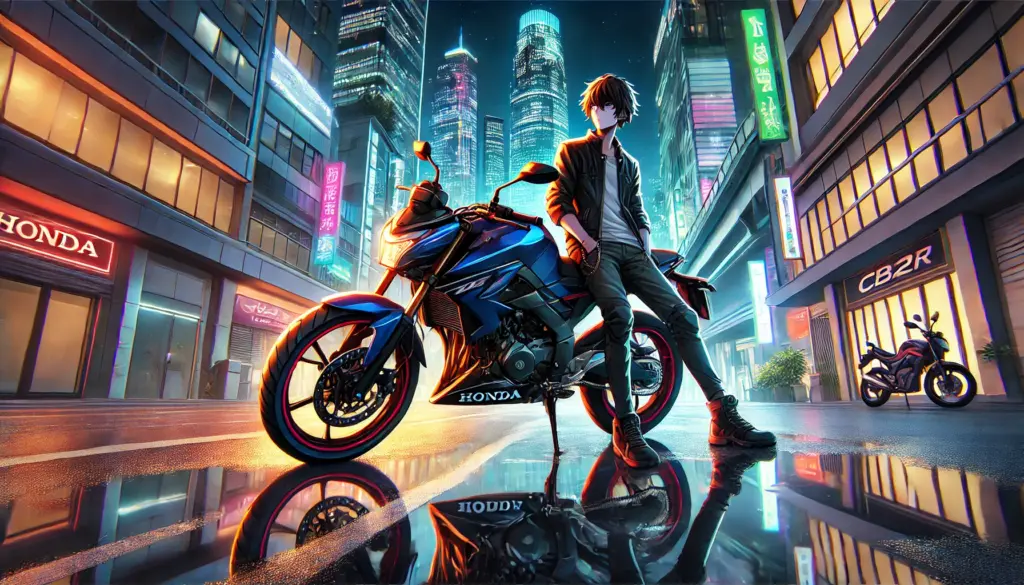 Ilustración de estilo anime que presenta una Honda CB125R estacionada en un entorno urbano moderno y vibrante durante la noche. La ciudad está iluminada con luces de neón que se reflejan en el pavimento mojado. Un motociclista con equipo casual y casco descansa junto a la moto, destacando su estilo y diseño futurista.