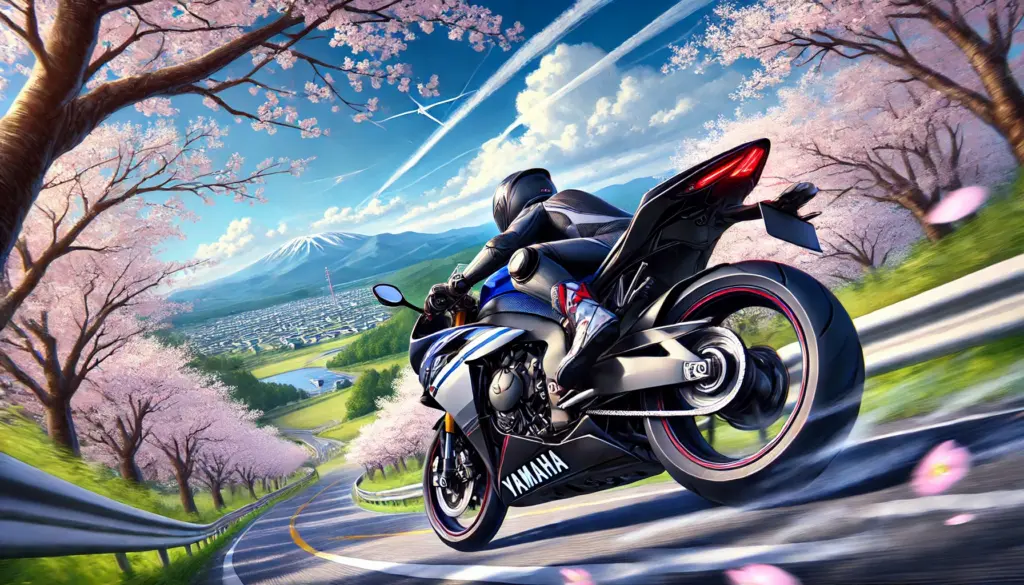 Ilustración de estilo anime de una Yamaha YZF-R125 acelerando en una carretera de montaña en Japón. El diseño aerodinámico y deportivo de la moto resalta mientras el motociclista, con equipo deportivo, se inclina en una curva. El fondo incluye cerezos en flor y montañas, capturando la emoción y velocidad.