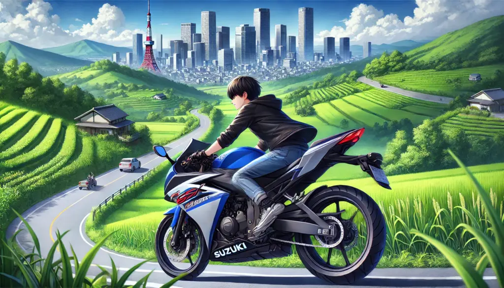 Ilustración de estilo anime que muestra una Suzuki GSX-S125 circulando por una carretera que conecta el campo japonés con una ciudad moderna. El motociclista está relajado, disfrutando del viaje, mientras el fondo combina colinas verdes y rascacielos urbanos. La escena resalta la versatilidad de la moto.