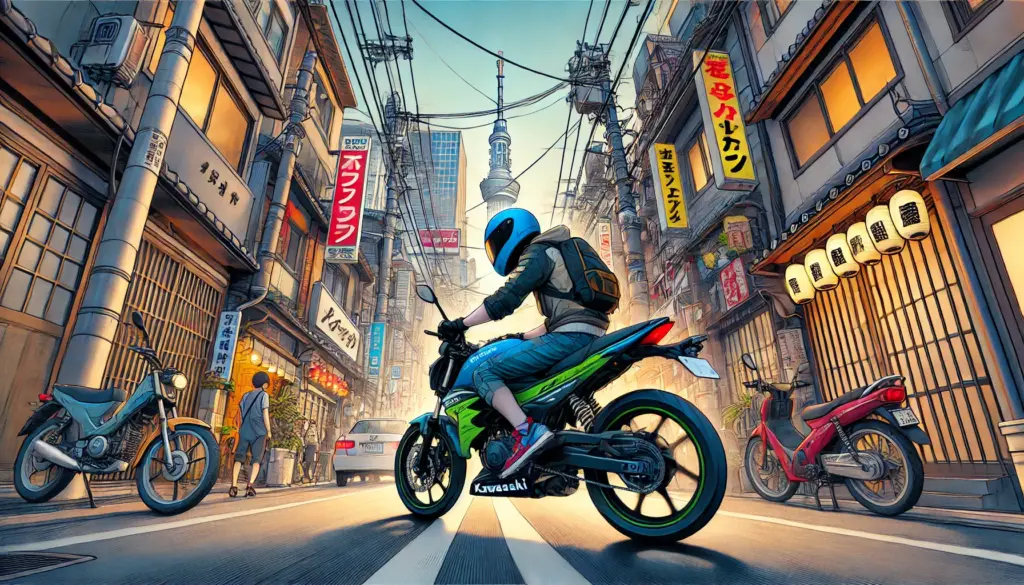 Ilustración de estilo anime de una Kawasaki Z125 maniobrando ágilmente por una calle estrecha en una ciudad japonesa. El fondo incluye edificios tradicionales con toques modernos y letreros de neón. La moto compacta y el motociclista, con casco y equipo casual, reflejan un estilo urbano dinámico y divertido.