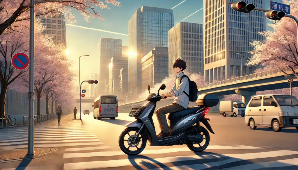 Ilustración de estilo anime que presenta un Honda PCX125 desplazándose por una amplia avenida urbana en Japón durante la mañana. El fondo muestra edificios modernos y cerezos en flor bajo una luz suave. El motociclista, vestido con ropa casual y una mochila, refleja comodidad y eficiencia para el entorno urbano.